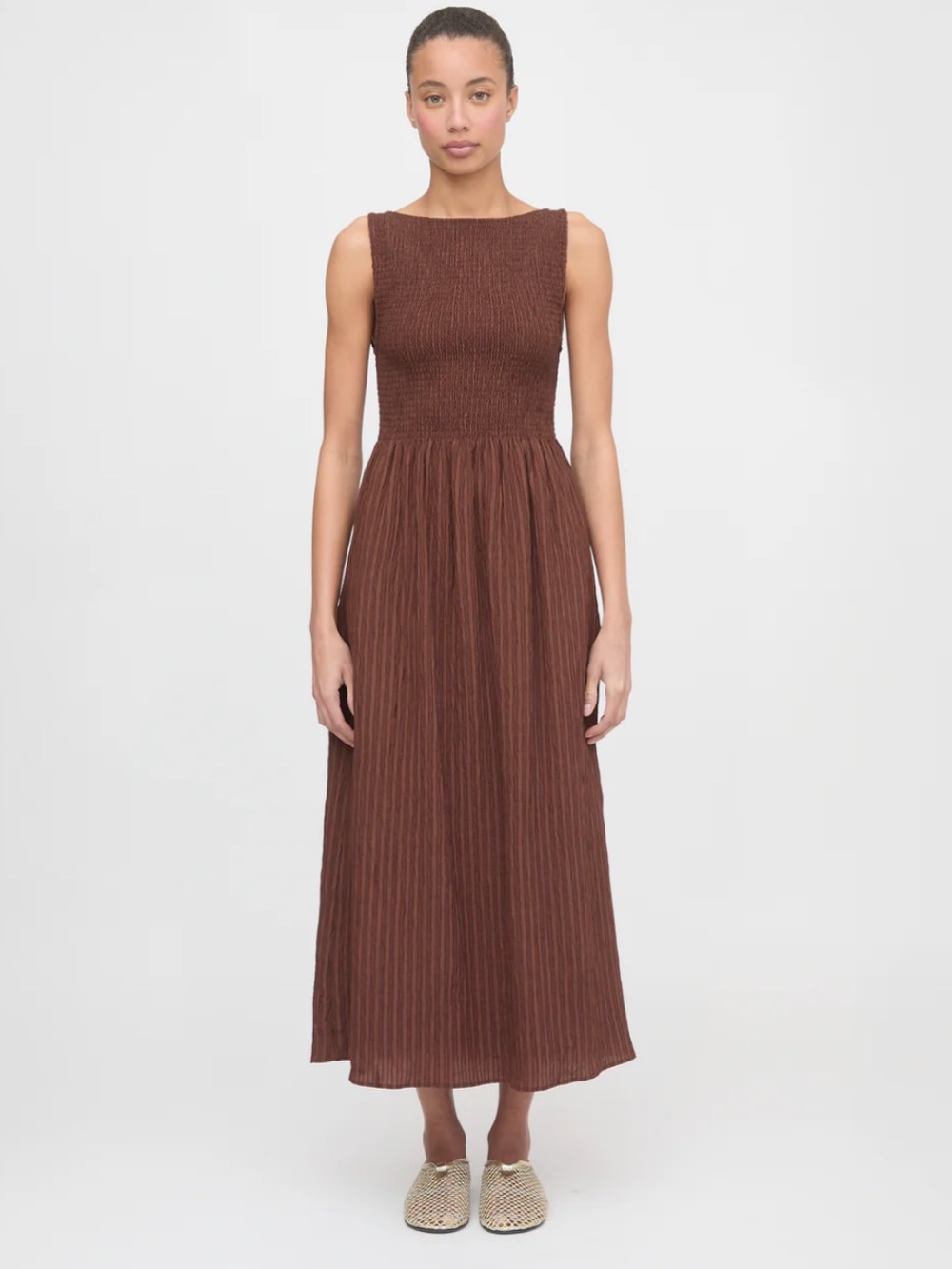 Hill House Home - The Cosima Nap Dress in Chocolate Tonal Seersucker, size XL